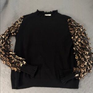 Sioni Black Sweater with Animal Print Sleeves